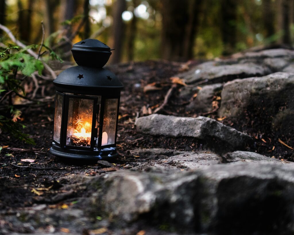 Core values for integrative therapy. Integrity in Practice. A glowing lantern resting on a stone path in a forest, representing clarity, courage, and ethical follow-through at Lumara Integrative Health.